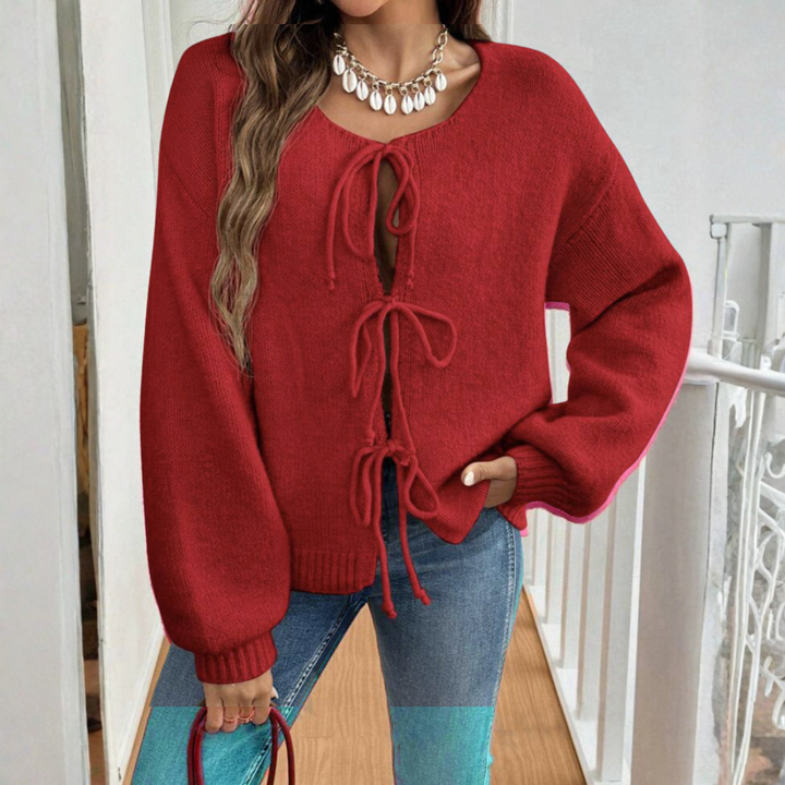 ADRIENNE™ - Chic Long Sleeve Round Neck Tie Front Cardigan